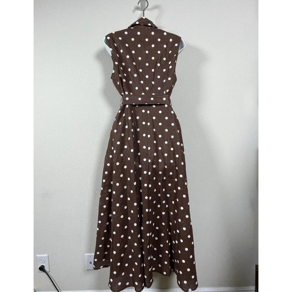Linen Vibes Polka Dot Midi Dress Women M Brown Rockabilly Feminine Sleeveless - Picture 9 of 11
